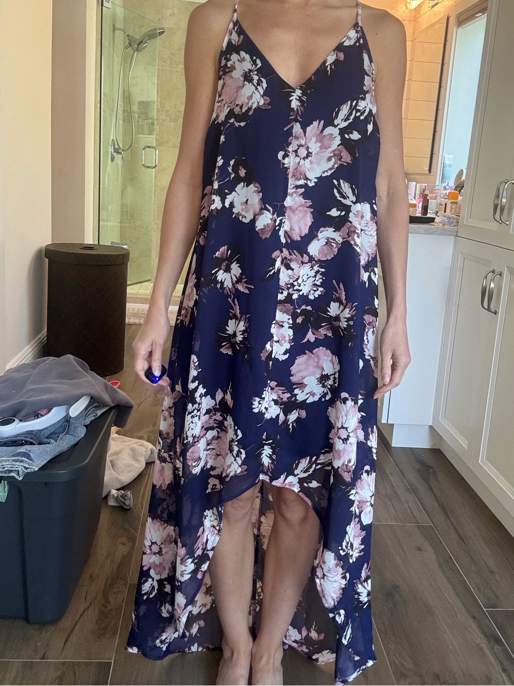 Venus Navy Floral High Low Flowy Dress